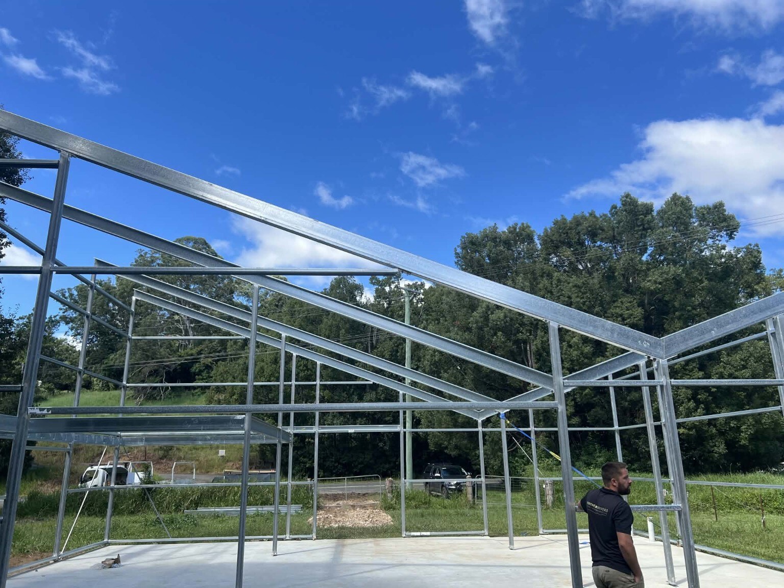 Galvanised structural steel frame under construction